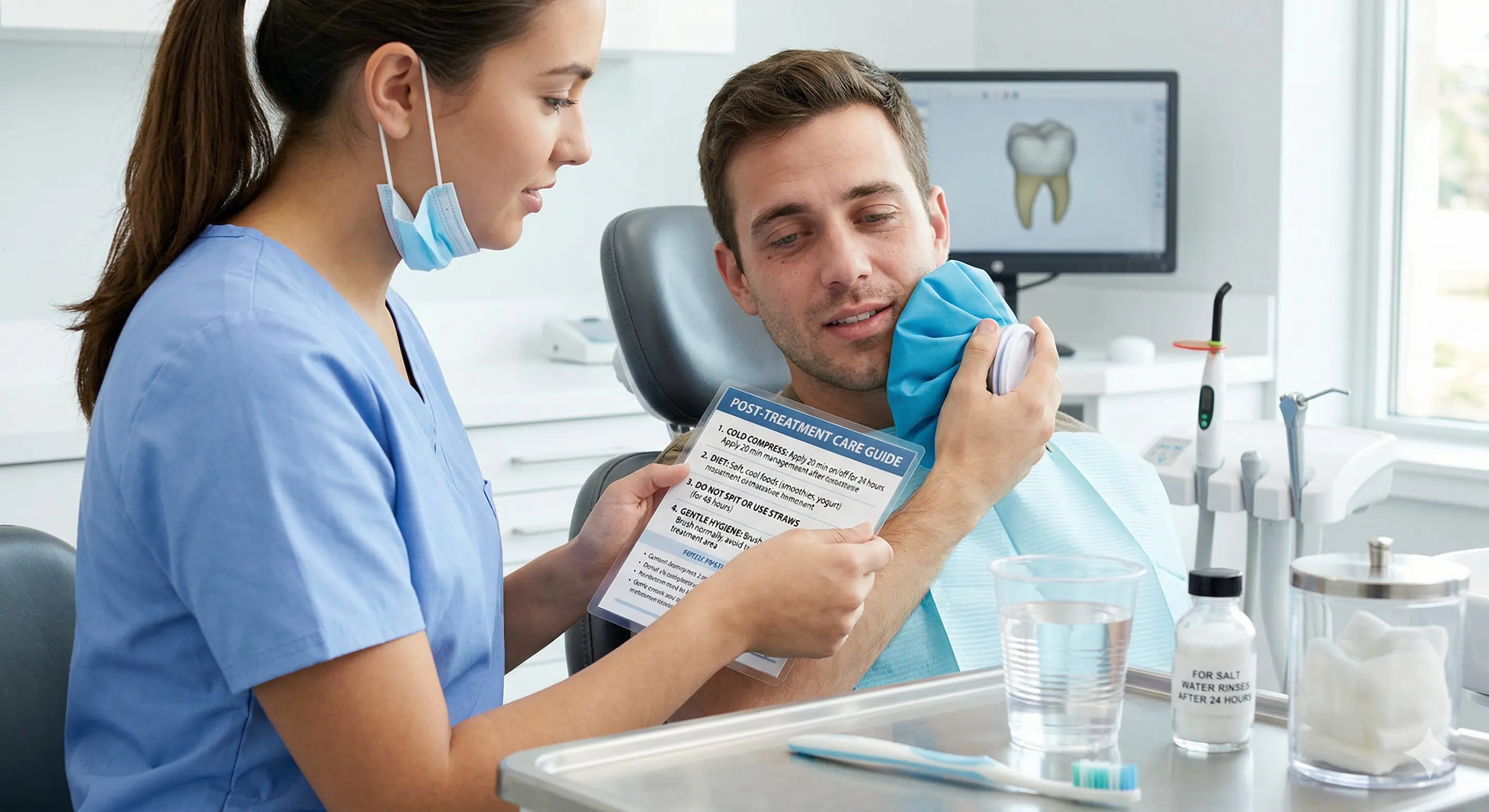 A patient happily consulting with their dentist about a smooth post-treatment recovery plan